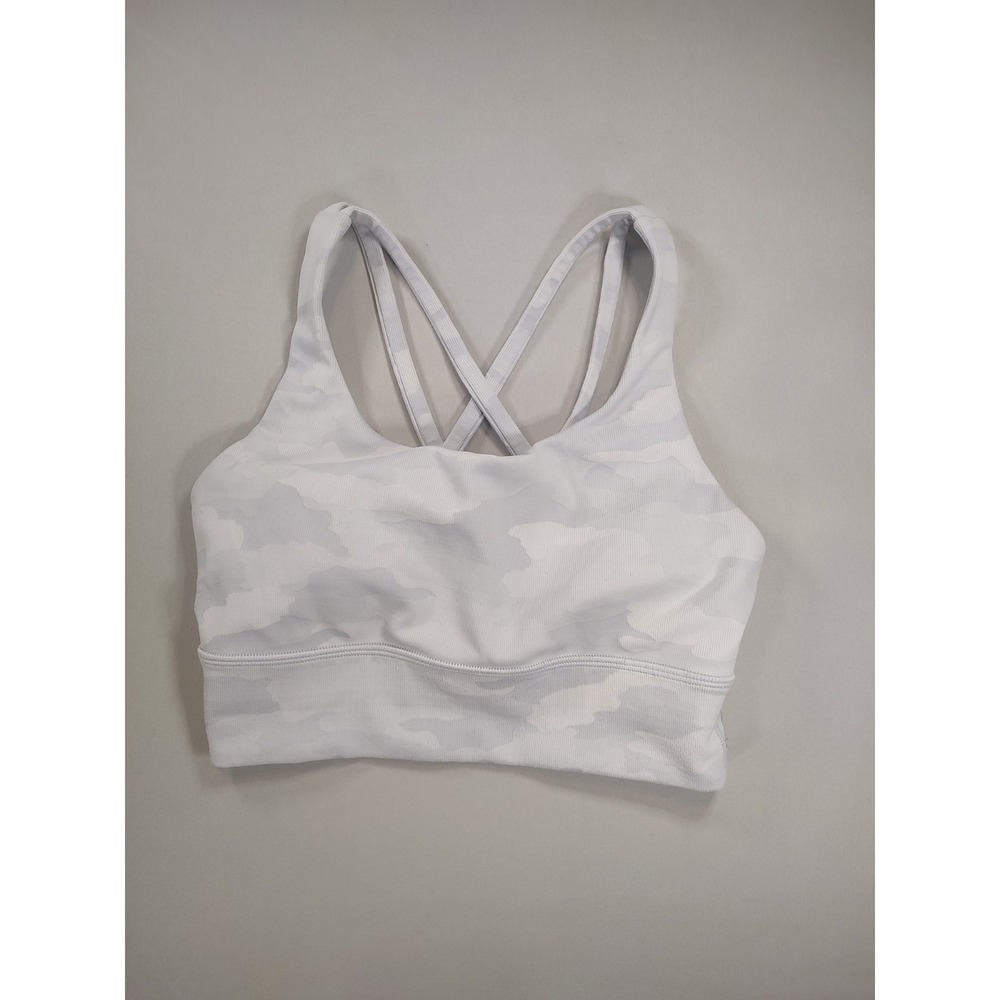 Lululemon Sports Bra Crop Top Yoga Pilates Gray Camo Sz. Small Strappy Back